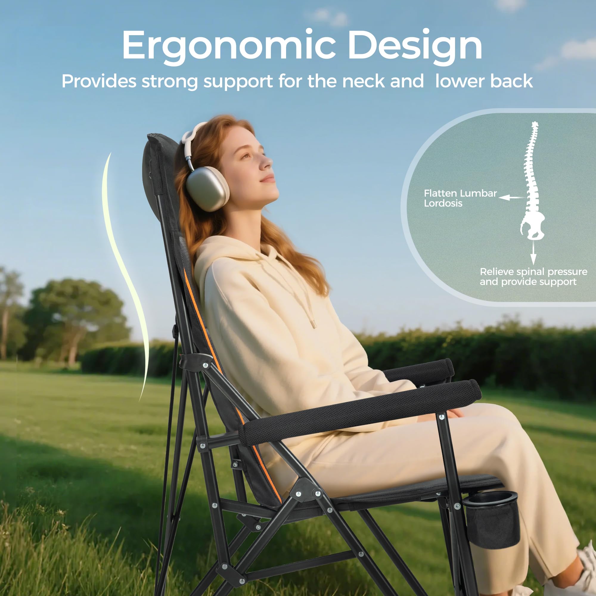 ALPHA CAMP ergonomic mesh backrest supports posture for fatigue-free lounging.
