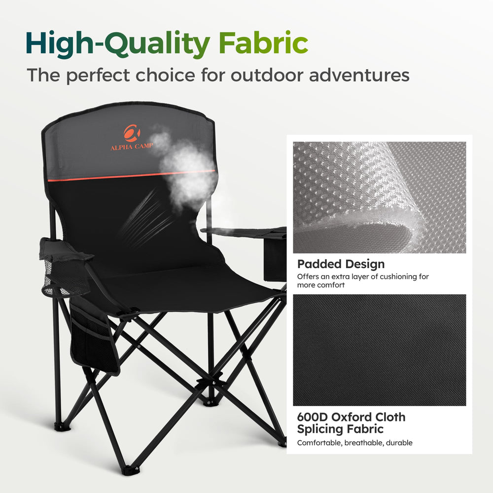 ALPHA CAMP chair includes integrated cup holder for easy beverage access
