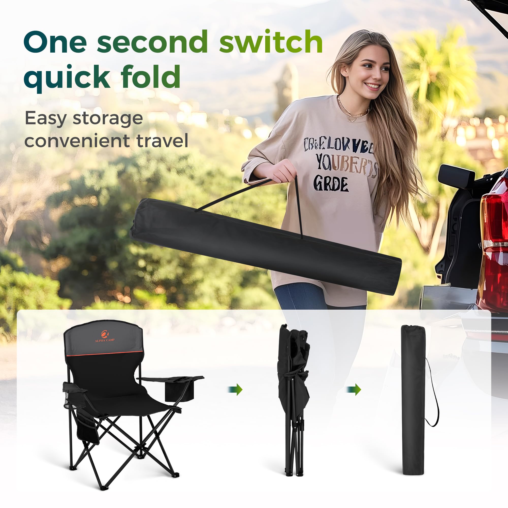ALPHA CAMP foldable chair packs into a lightweight nylon carry bag