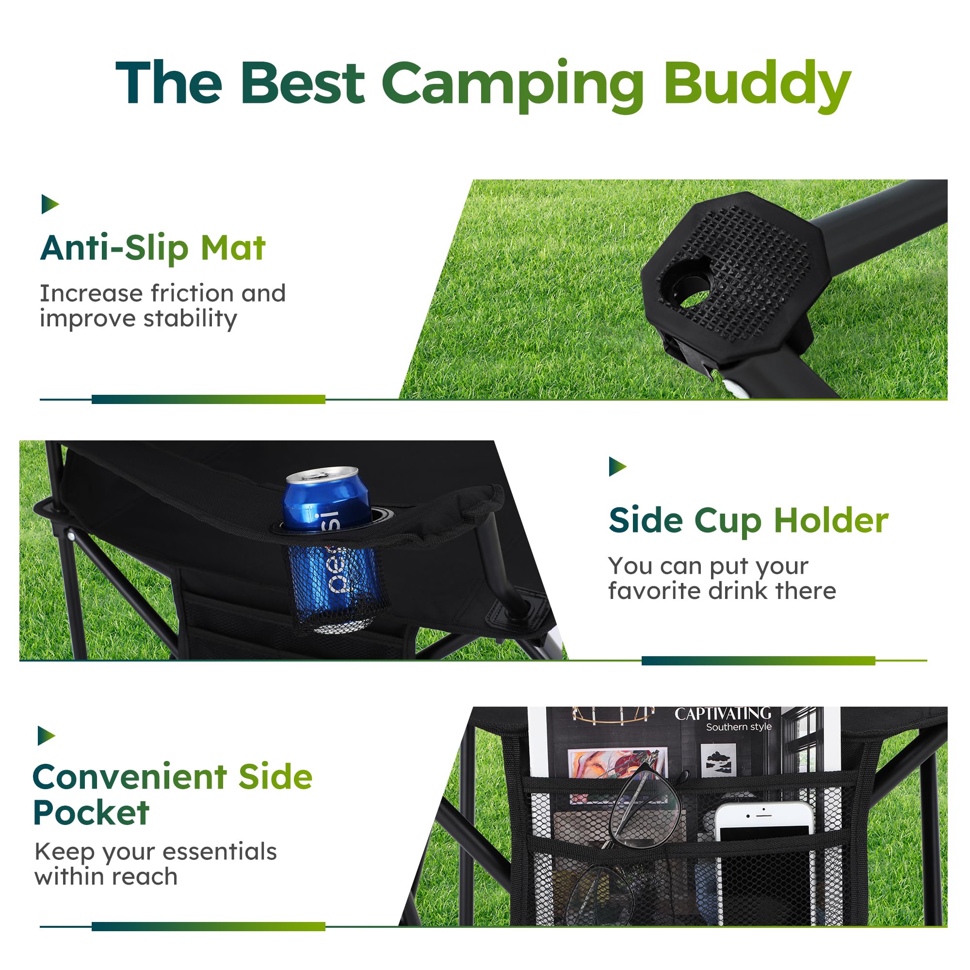 ALPHA CAMP chair side pocket stores phone and sunglasses within reach