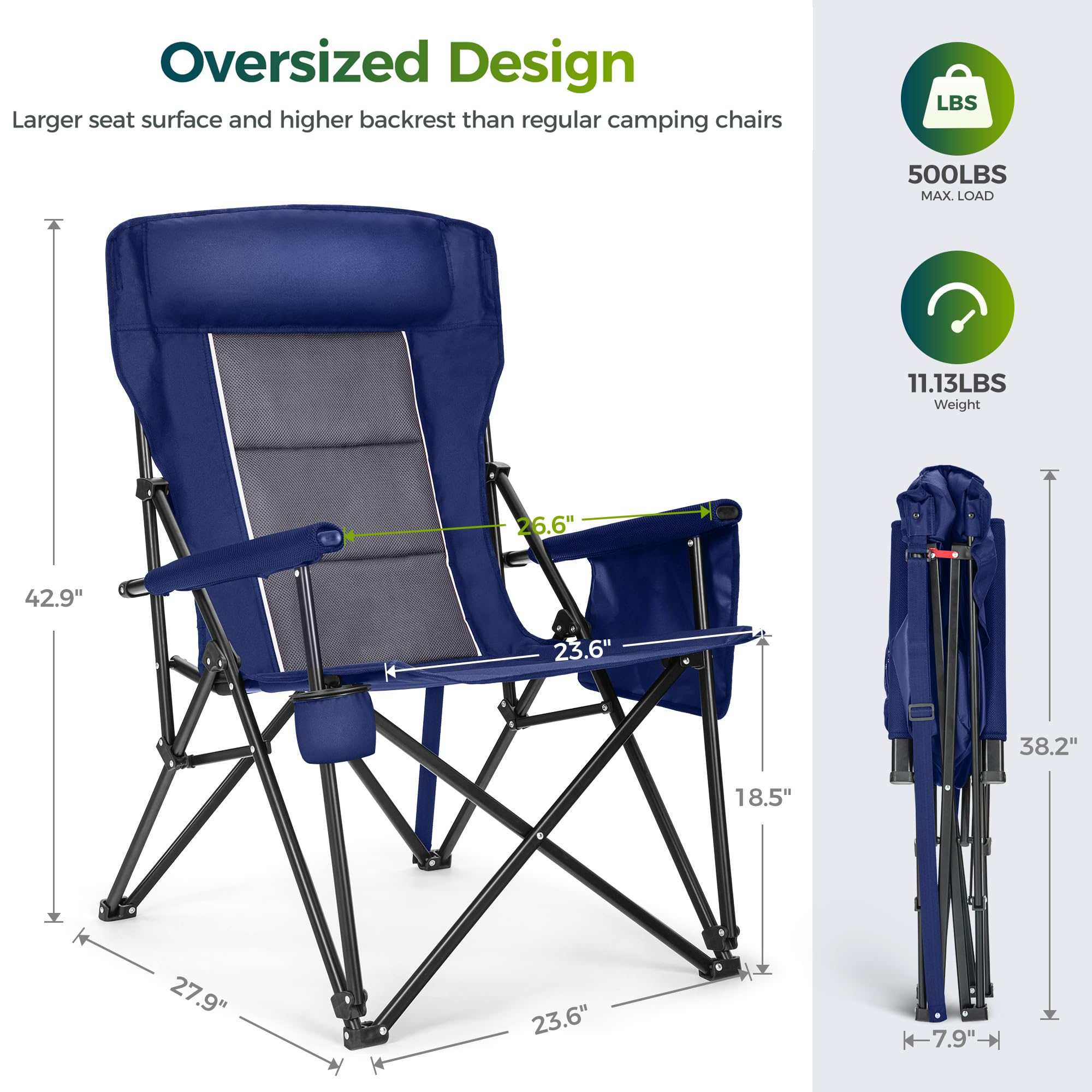 ALPHA CAMP folding chair with sturdy steel frame for reliable support.