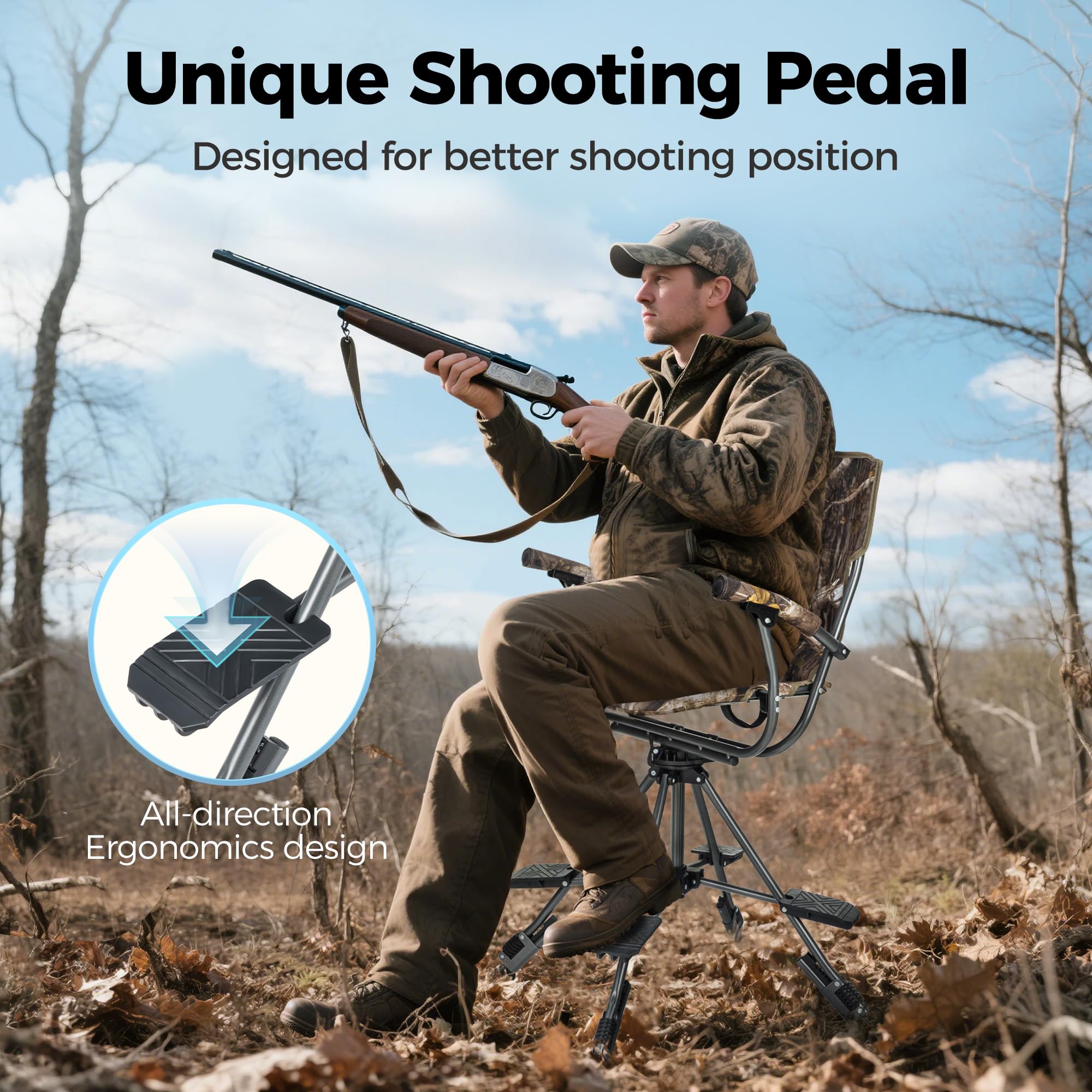 ALPHA CAMP folding hunting chair cylindrical foot support stabilizes uneven ground