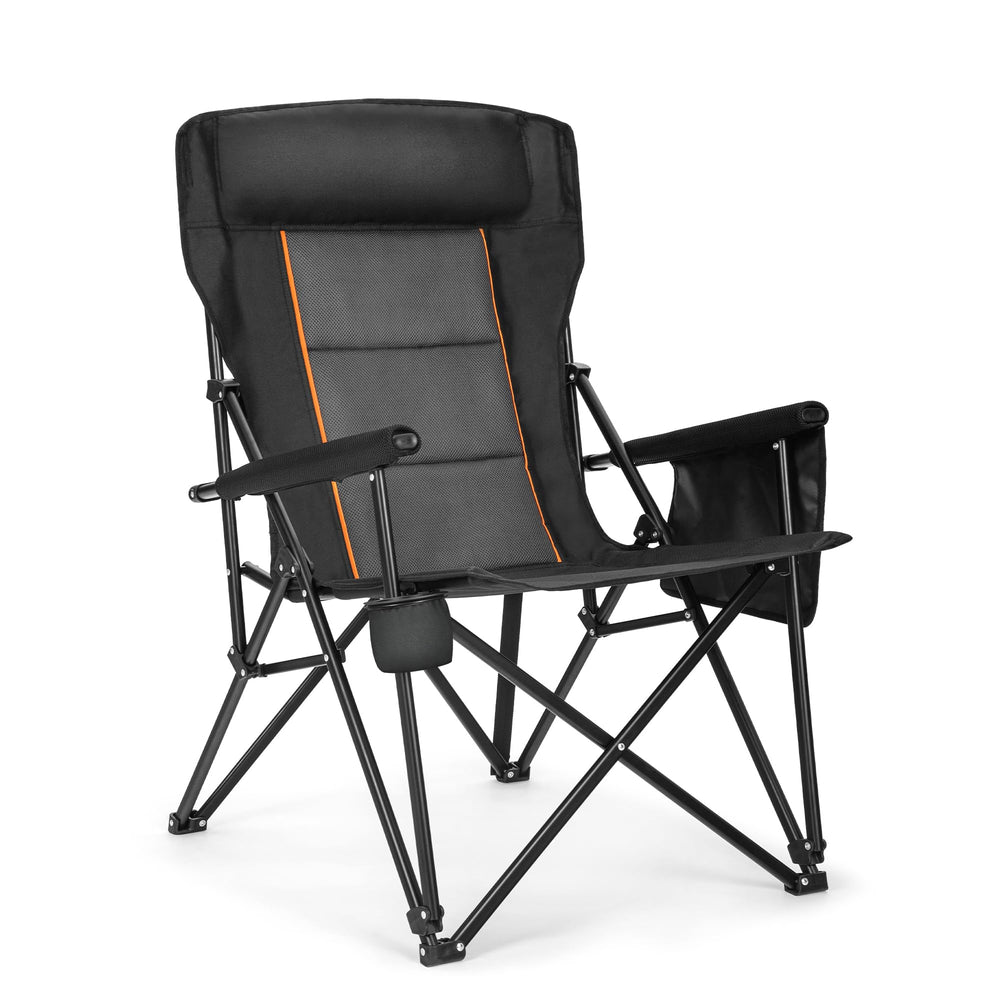 ALPHA CAMP heavy-duty high-back chair with cup holder for convenient drinks on camping trips.