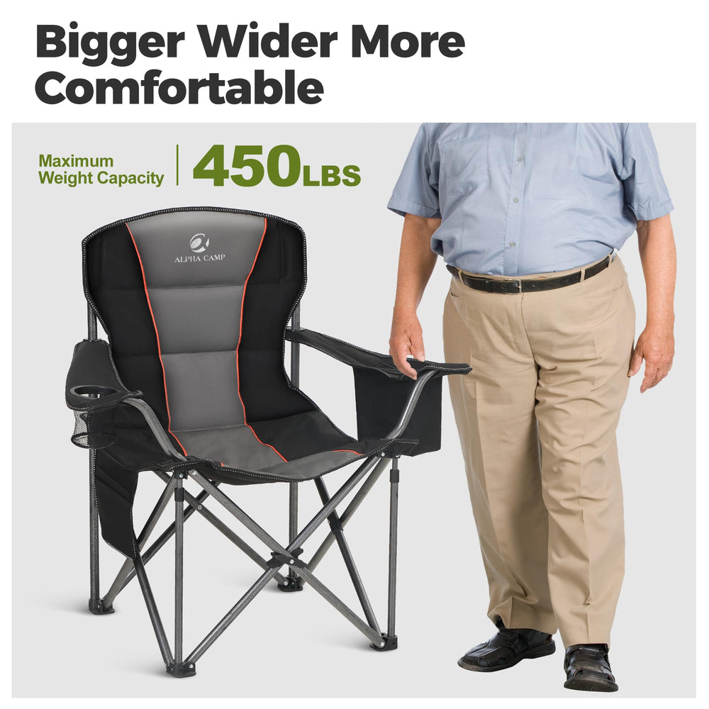 ALPHA CAMP oversized camping chair black padded-seat close-up for comfort