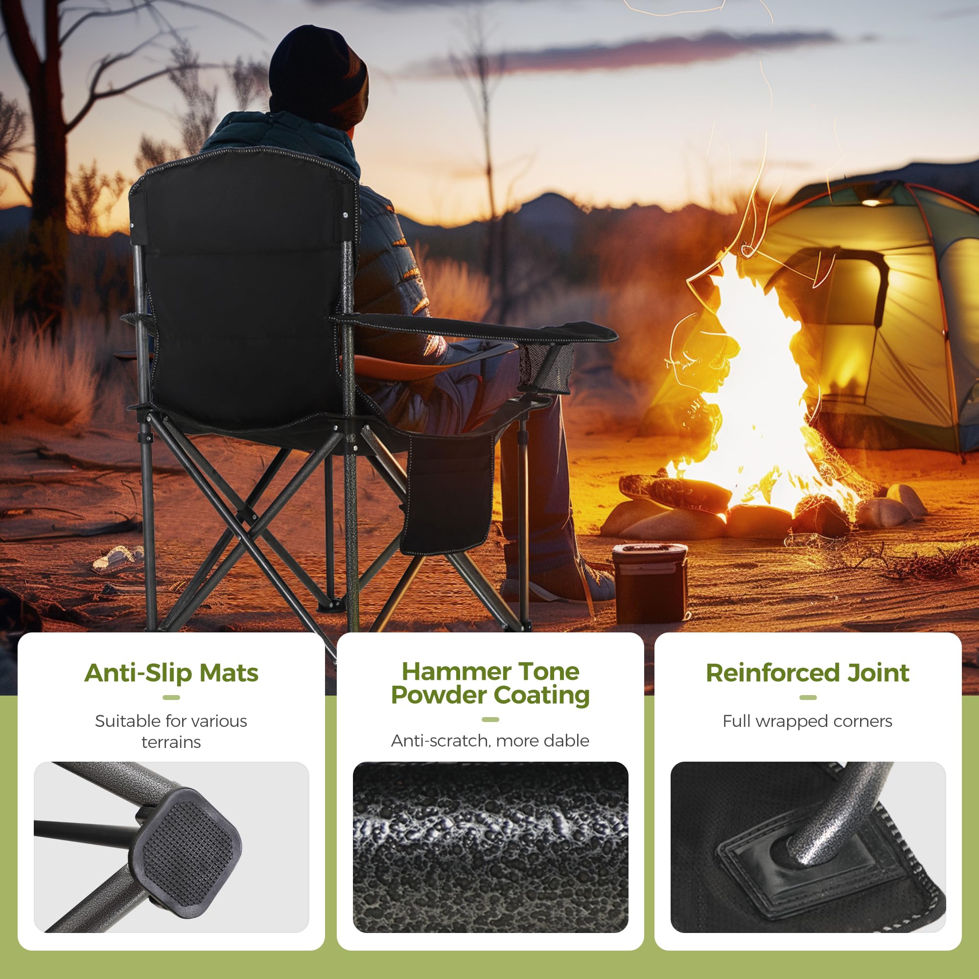 ALPHA CAMP chair with mesh cup holder and armrest for drinks and rests