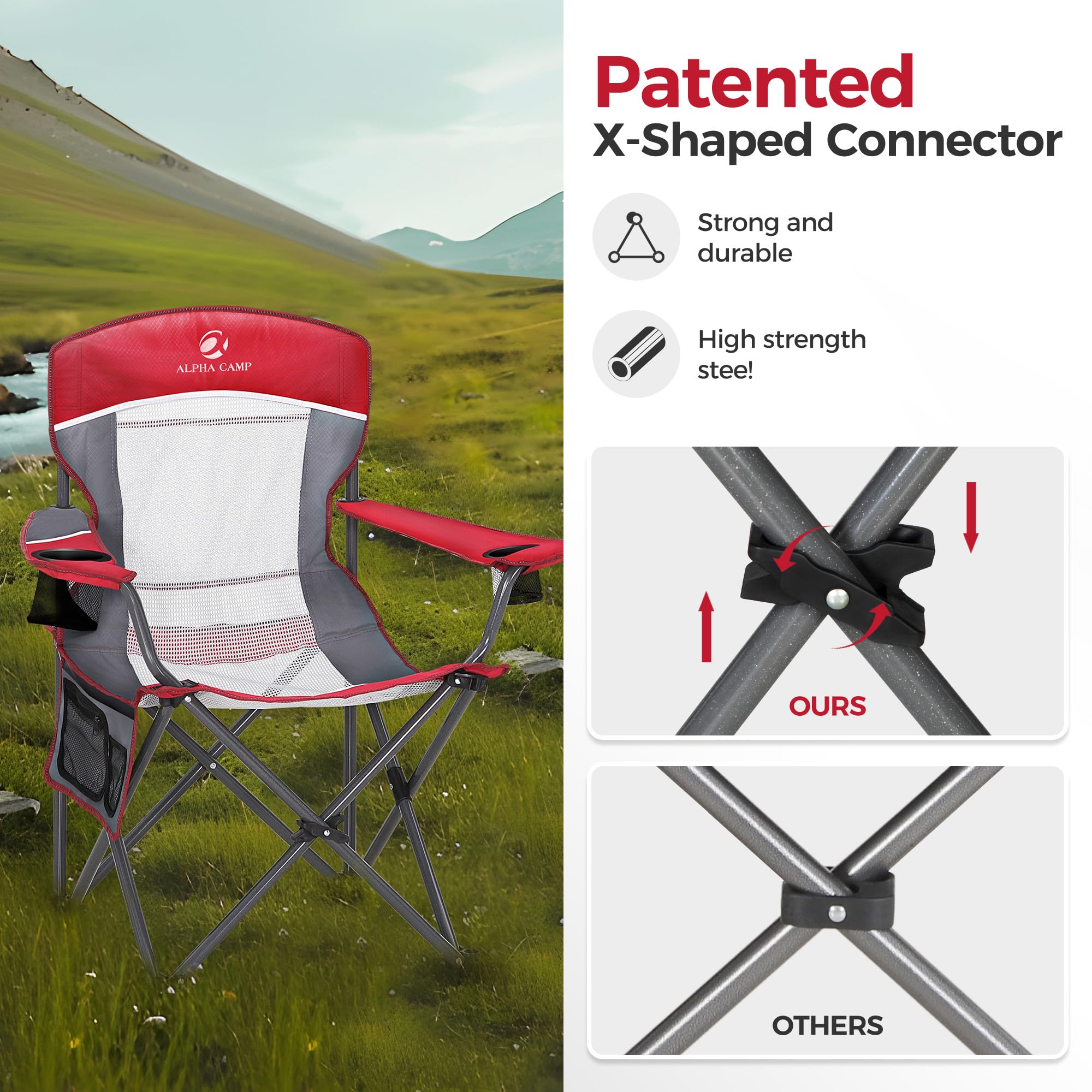 ALPHA CAMP chair with two cup holders and side pocket for essentials