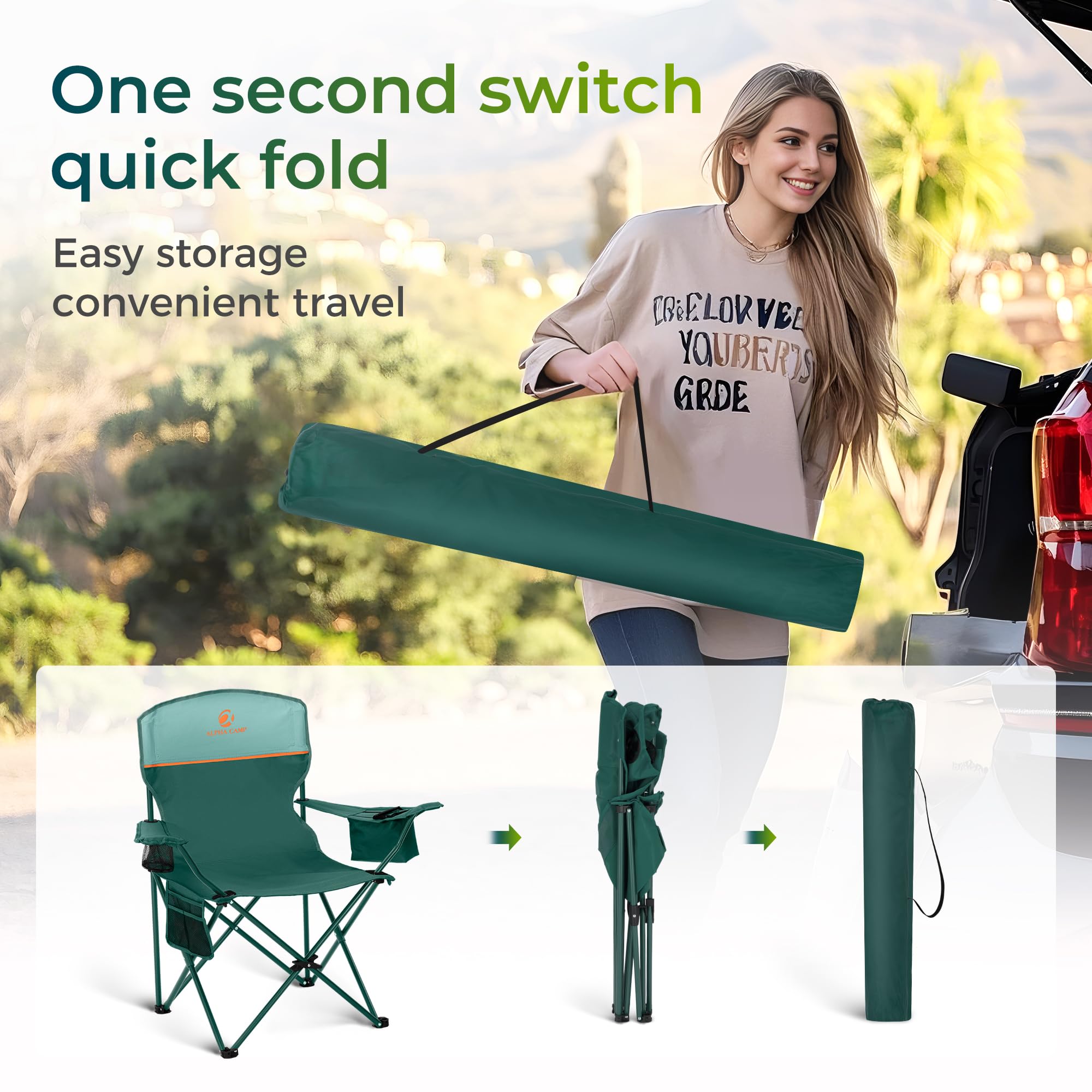 ALPHA CAMP sturdy chair suitable for beaches and concerts.
