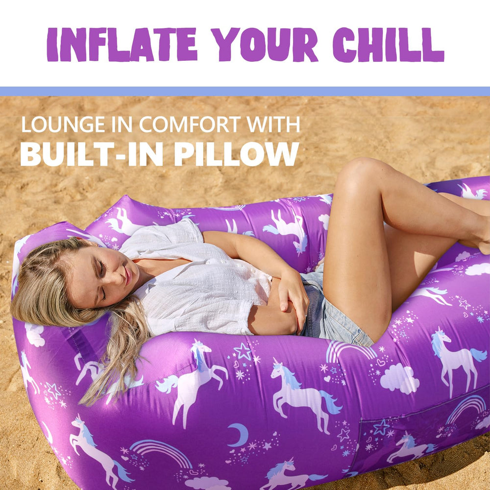 AlphaBeing inflatable couch anchored with wind stake on breezy days.