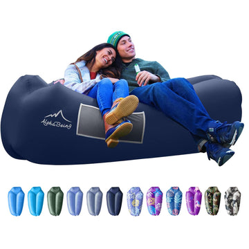 AlphaBeing inflatable lounger folded in carrying bag for easy transport on camping trips.