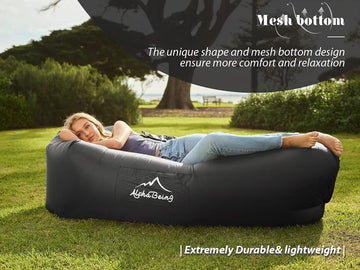 AlphaBeing lounger at the beach highlights travel-ready portability.
