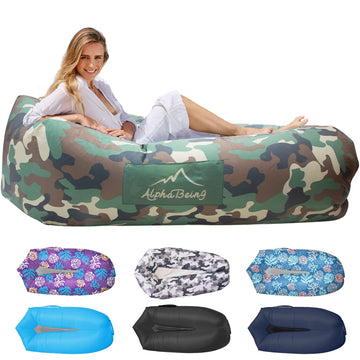 AlphaBeing inflatable lounger camping setup shows quick setup for outdoor comfort