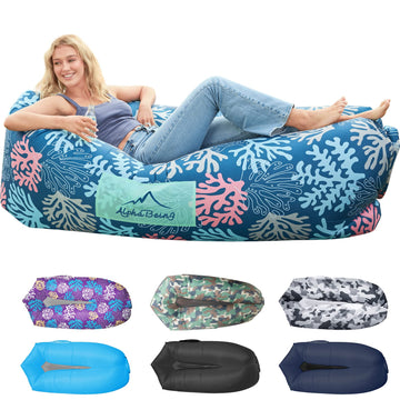 AlphaBeing inflatable-lounger-coral-navy-2p offers cozy outdoor relaxation for two people.