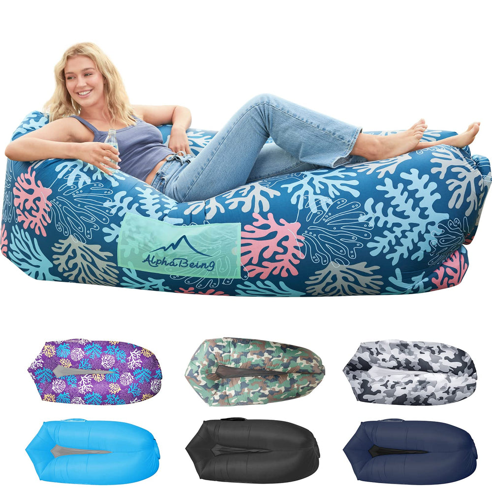 AlphaBeing inflatable-lounger-coral-navy-2p offers cozy outdoor relaxation for two people.