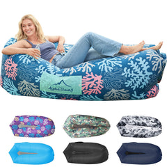 AlphaBeing inflatable-lounger-coral-navy-2p offers cozy outdoor relaxation for two people.