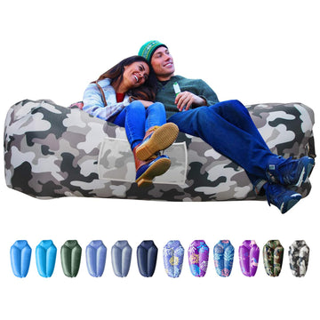 AlphaBeing inflatable lounger folded in its carrying bag for travel-friendly setup.
