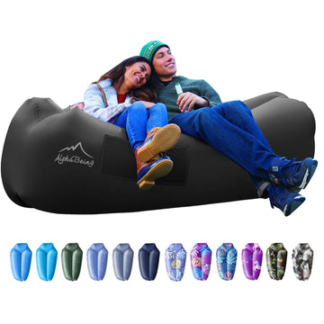 AlphaBeing inflatable lounger folded compact in its carrying case for easy travel.