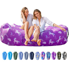 AlphaBeing inflatable lounger folded in its portable bag for easy transport.