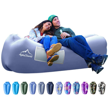 AlphaBeing inflatable lounger full setup shows portable travel comfort and lounging setup.