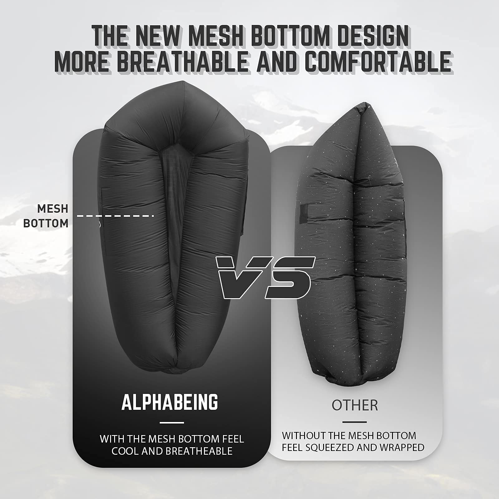 AlphaBeing lounger mesh-bottom comfort shown for breathable, supportive lounging.
