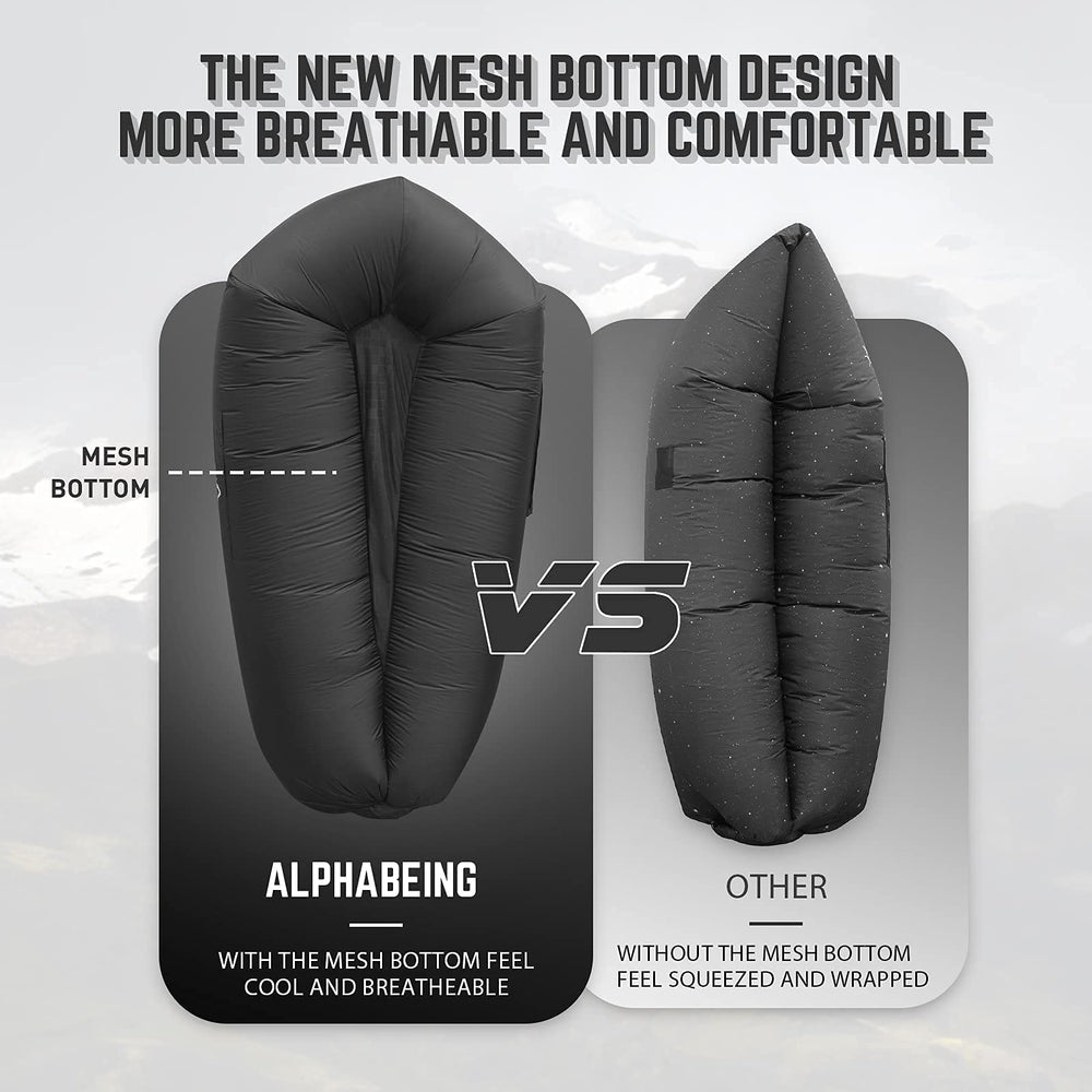 AlphaBeing lounger mesh-bottom comfort shown for breathable, supportive lounging.