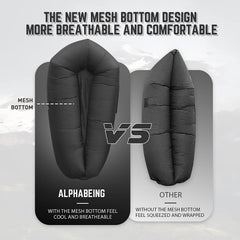 AlphaBeing lounger mesh-bottom comfort shown for breathable, supportive lounging.