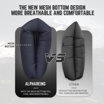 AlphaBeing lounger navy open-pack demonstrates quick setup and air capture on windy days.