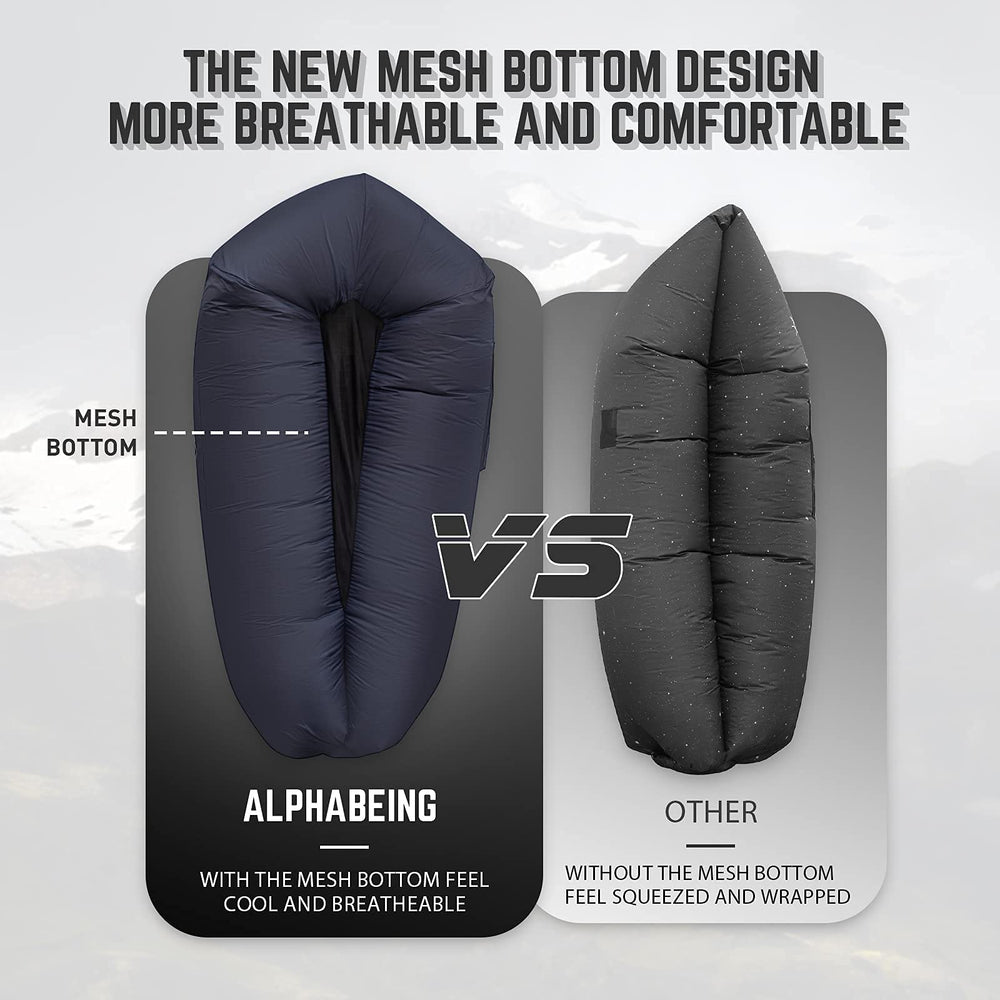 AlphaBeing lounger navy open-pack demonstrates quick setup and air capture on windy days.