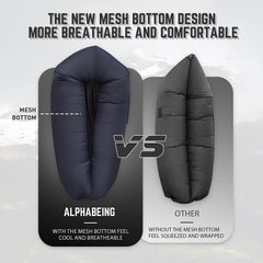AlphaBeing lounger navy open-pack demonstrates quick setup and air capture on windy days.