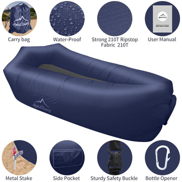 AlphaBeing lounger navy pocket storage emphasizes convenience for snacks, sunglasses, and gear.