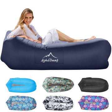 AlphaBeing inflatable lounger navy side view, portable lounge for camping and beach relaxation.