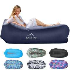 AlphaBeing inflatable lounger navy side view, portable lounge for camping and beach relaxation.
