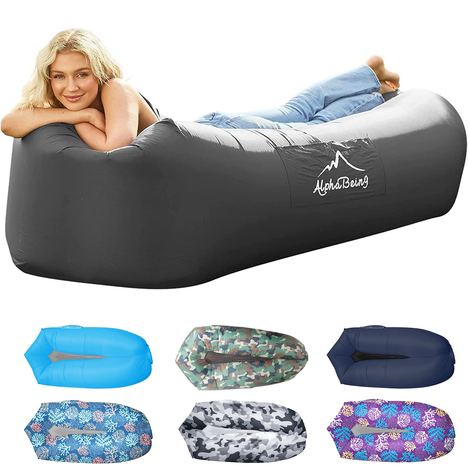 AlphaBeing inflatable lounger outdoor setup for quick relaxing comfort.