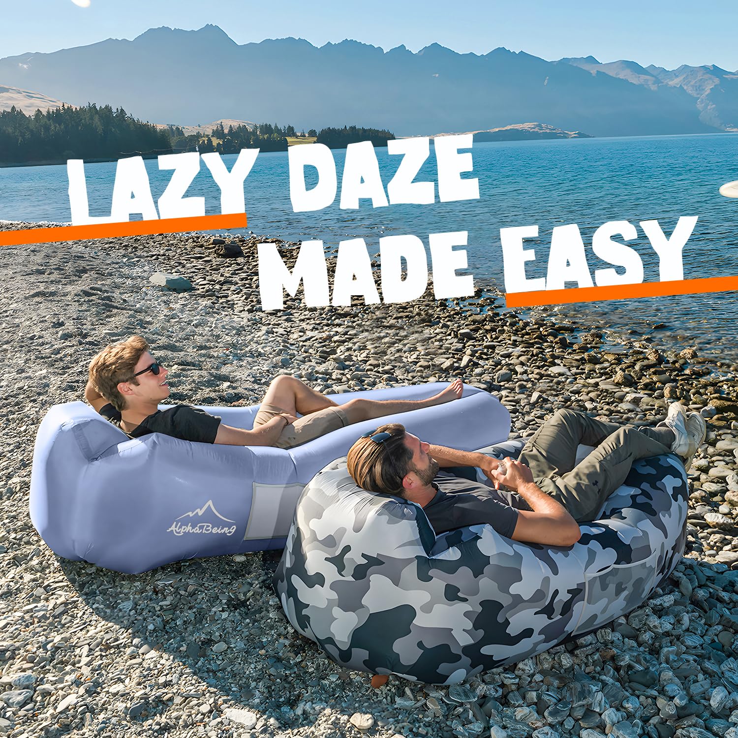 AlphaBeing inflatable lounger in an outdoor festival scene illustrates versatile lounging.