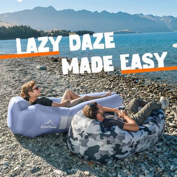 AlphaBeing inflatable lounger in an outdoor festival scene illustrates versatile lounging.