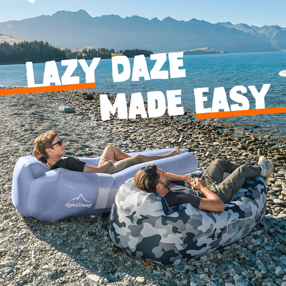 AlphaBeing inflatable lounger in an outdoor festival scene illustrates versatile lounging.