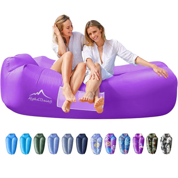 AlphaBeing inflatable lounger setup demonstrating quick, pump-free inflation for on-the-go lounging.