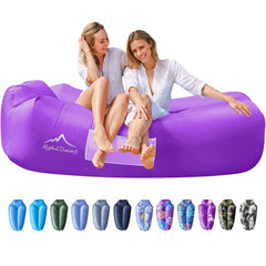 AlphaBeing inflatable lounger setup demonstrating quick, pump-free inflation for on-the-go lounging.