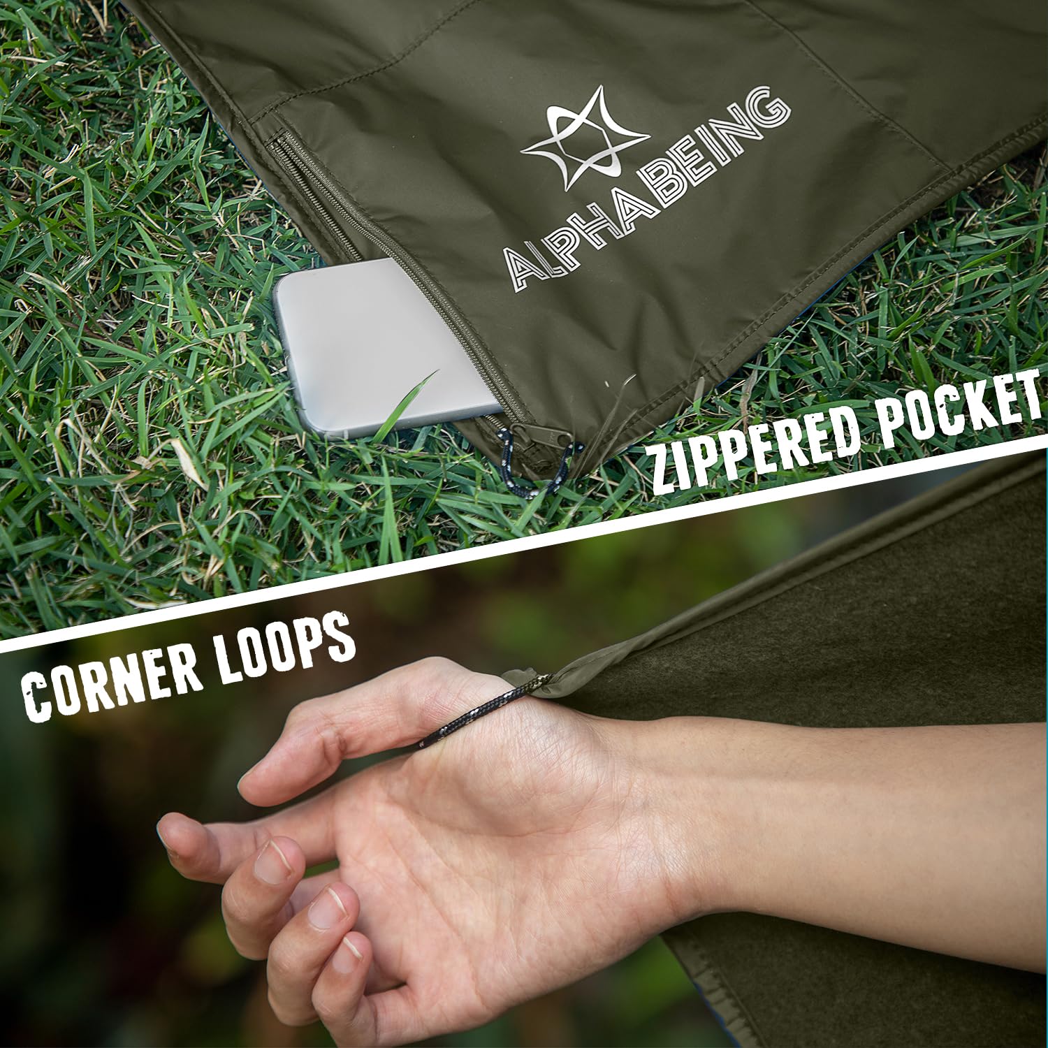 AlphaBeing waterproof nylon shell showing rain ready protection in park