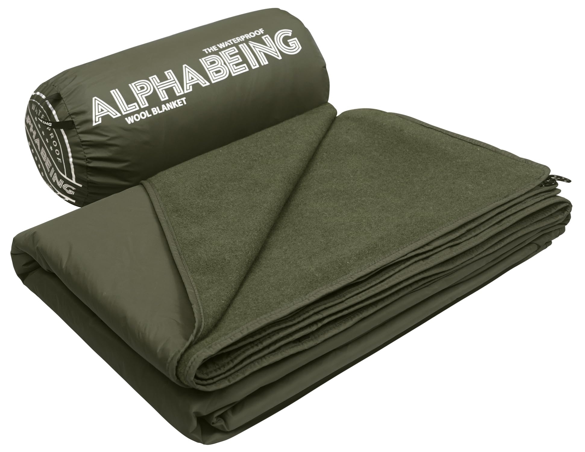 AlphaBeing waterproof outdoor blanket in olive folded for compact carry and storage