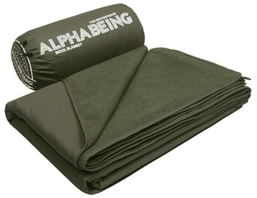 AlphaBeing waterproof outdoor blanket in olive folded for compact carry and storage