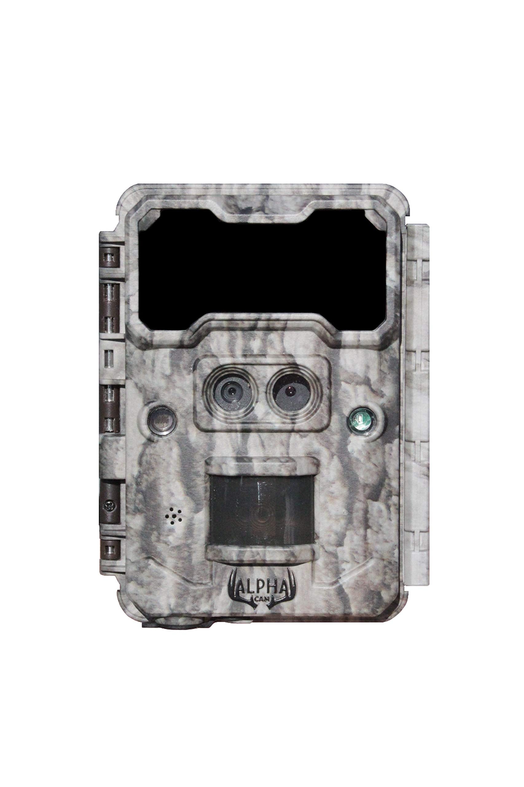 ALPHA CAM No Glow dual-lens front view demonstrates clear day and night wildlife footage for scouting