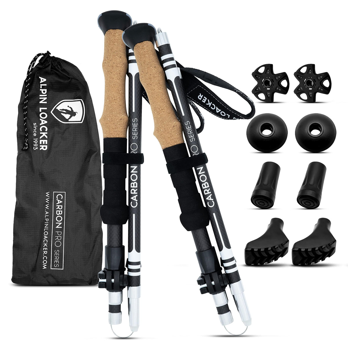 ALPIN LOACKER carbon trekking poles folded compactly for travel.