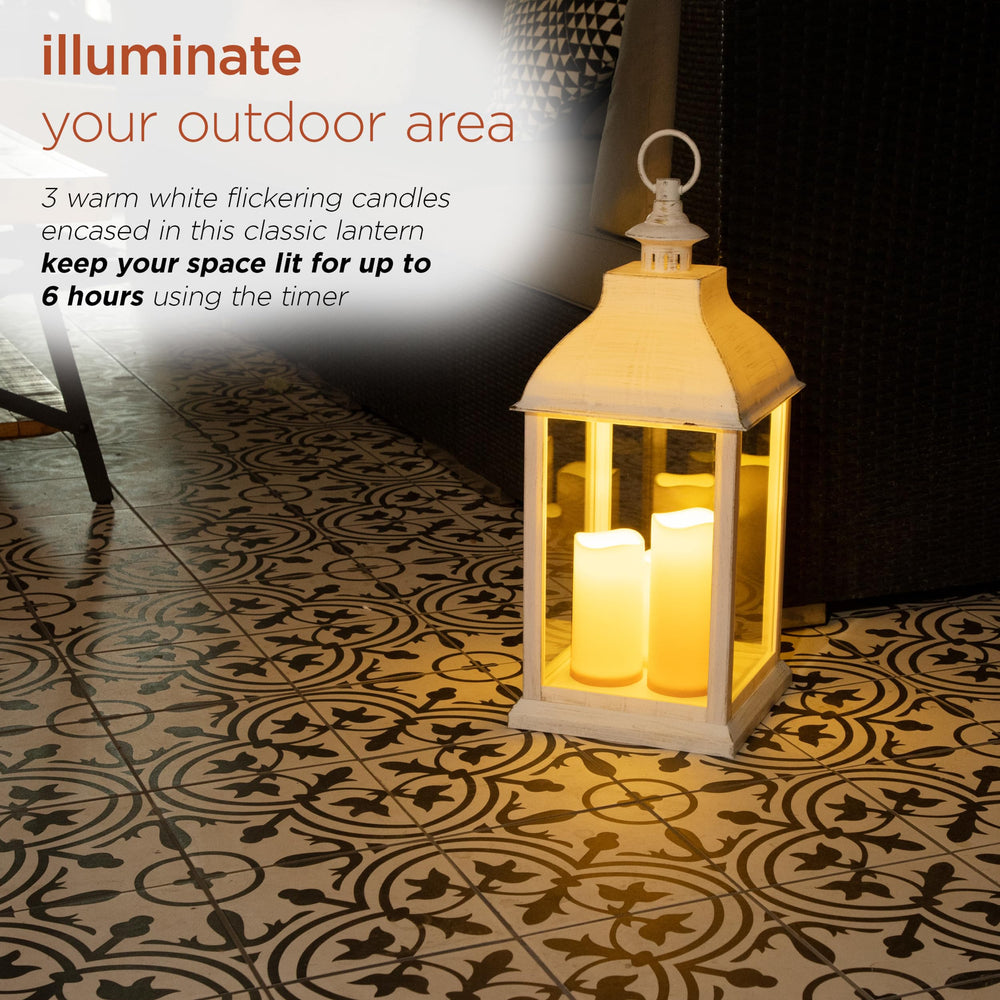 Alpine antique white lantern finish complements rustic or modern decor indoors.