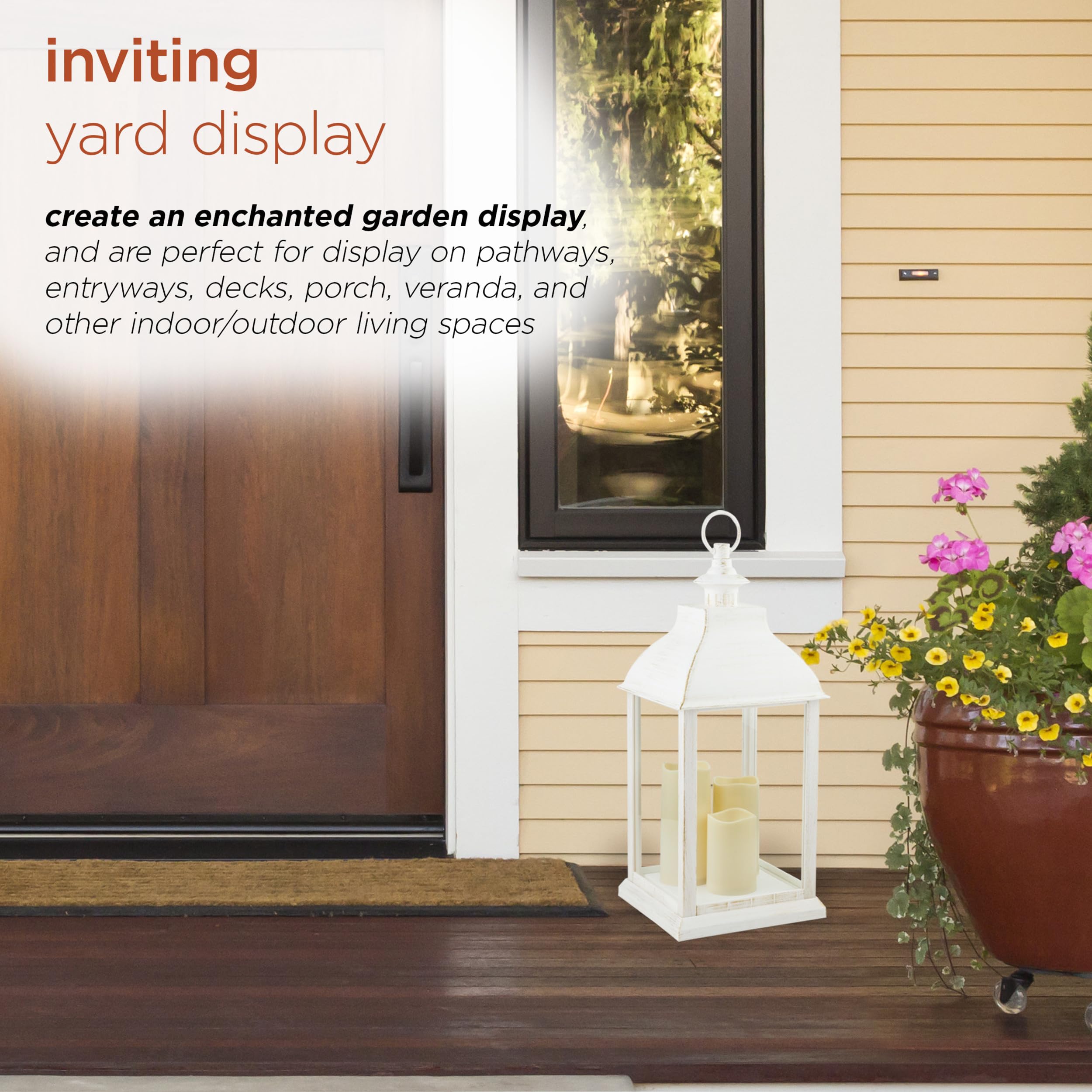 Alpine lantern flickering candles recreate cozy candlelight ambiance.