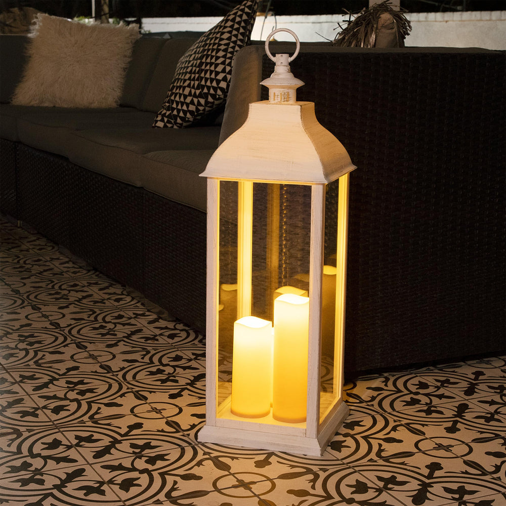 Alpine lantern's durable plastic and glass construction for outdoor use