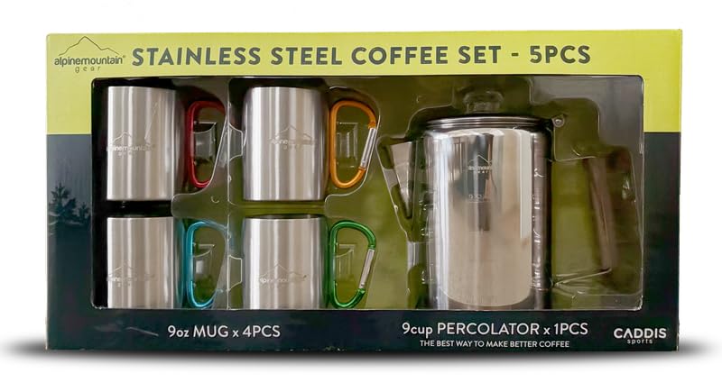 Alpine Mountain Gear 9-cup percolator steaming, ready for campfire coffee.