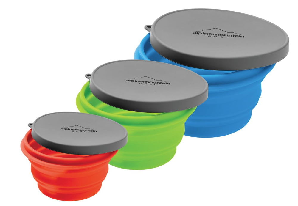 Alpine Mountain Gear collapsible bowl in use at campsite, minimizing pack clutter.
