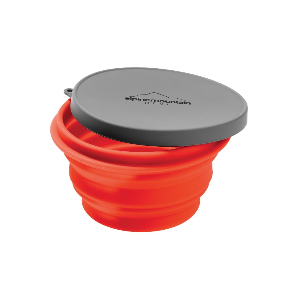 Alpine Mountain Gear collapsible red small silicone bowl with lid for camping meals.