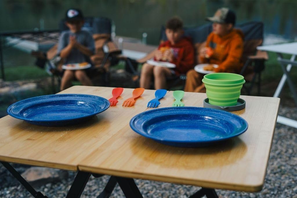 Alpine Mountain Gear enamel bowl with blue speckle finish for campsite dining.