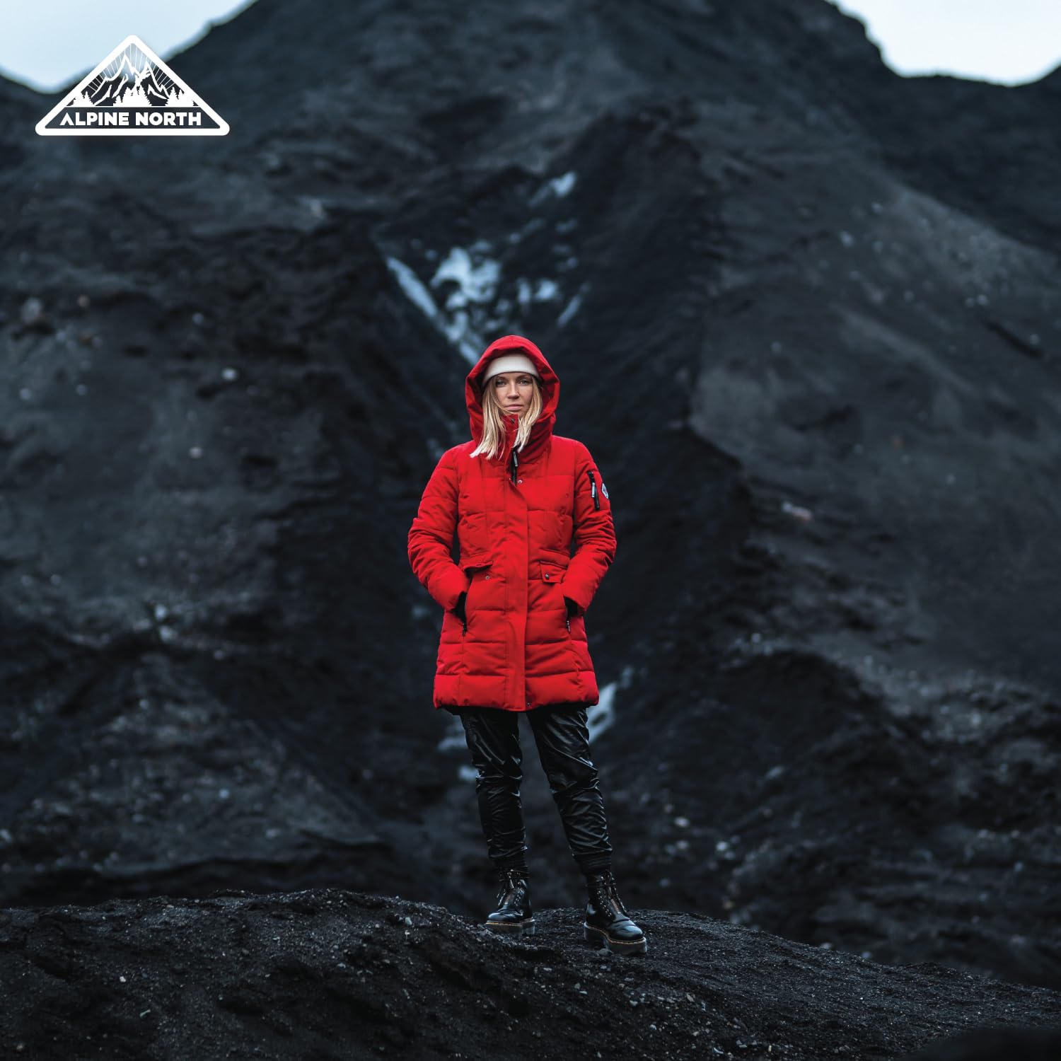 ALPINE NORTH vegan down parka pocket layout showing front pockets and arm patch pocket